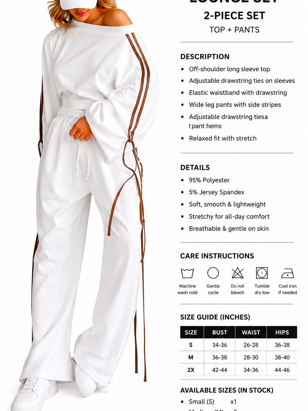 Off-Shoulder White Lounge Pants Set with Brown Side Stripes